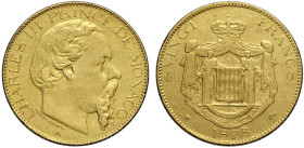 Monaco, Charles III (1856-1889), 20 Francs 1878-A, Paris mint, Au 21 mm 6,43 g, BB-SPL