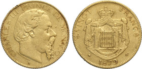 Monaco, Charles III (1856-1889), 20 Francs 1878-A, Paris mint, Au 21 mm 6,42 g, segnetti al bordo, BB