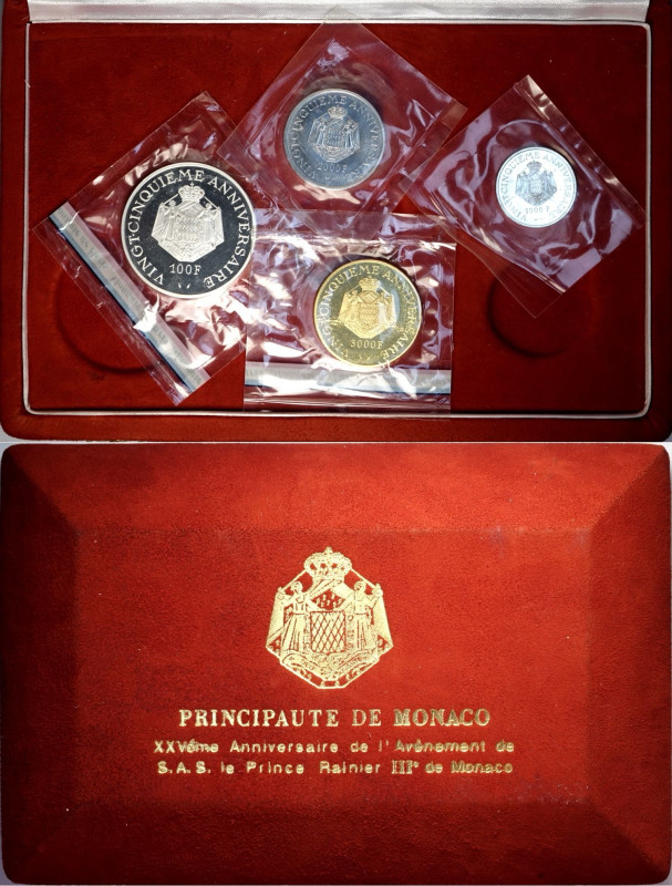 Monaco, Rainier III (1949-2005), Proof Set 1974 (4): 3000 Francs Au (.999) 28,8 ...