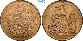 Perù, Republic (1882-), 100 Soles 1965, Lima mint, Au 37 mm 46,80 g, alta conservazione, in Slab NGC MS65