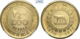 Ras Al-Khaimah, Saqr Bin Muhammad al-Qasimi (1948-), 200 Riyals 1970, KM-25 Au 41 mm 41,40 g, in Slab NGC PF67 Ultra Cameo