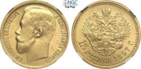 Russia, Nicholas II (1894-1917), 15 Roubles 1897, Wide Rim variety, Au 24,6 mm 12,90 g, di qualità eccezionale per un 15 Roubles, in Slab NGC MS64 Top...