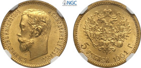 Russia, Nicholas II (1894-1917), 5 Roubles 1901-O3, Au 18,5 mm 4,28 g, in Slab NGC MS66