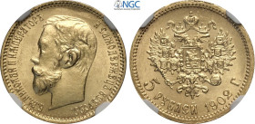 Russia, Nicholas II (1894-1917), 5 Roubles 1902, Au 18,5 mm 4,30 g, in Slab NGC MS64