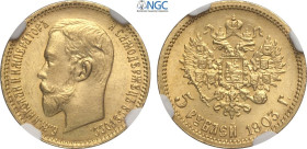 Russia, Nicholas II (1894-1917), 5 Roubles 1903, Au 18,5 mm 4,30 g, in Slab NGC MS66