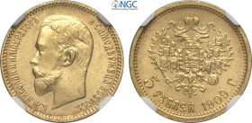 Russia, Nicholas II (1894-1917), 5 Roubles 1909, Au 18,5 mm 4,30 g, in Slab NGC MS66