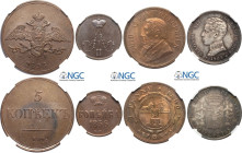Russia, South Africa and Spain, Lot of 4 coins in Slab NGC: 5 Kopeks 1833 (MS63 BN), Kopek 1856 (MS64 BN), Penny 1898 (MS65 RB), 2 Pesetas 1905*05* (M...