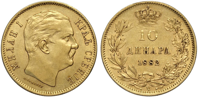 Serbia, Milan Obrenovich IV (1868-1889), 10 Dinara 1882-V, Vienna mint, Au 19 mm...