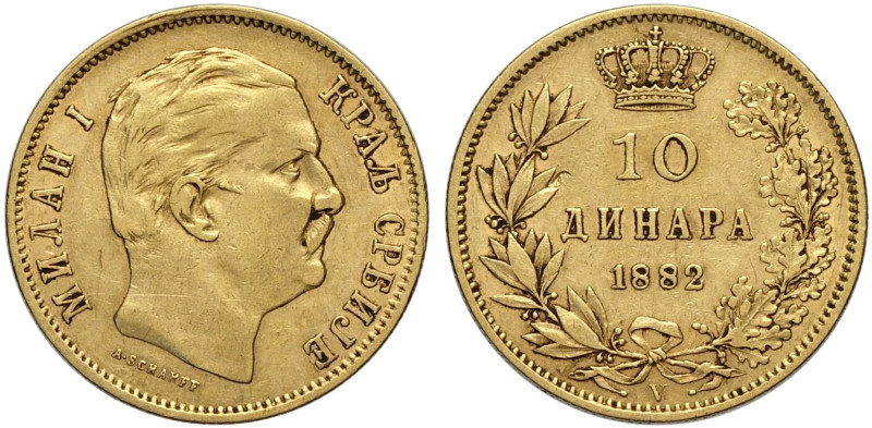 Serbia, Milan Obrenovich IV (1868-1889), 10 Dinara 1882-V, Vienna mint, Au 19 mm...