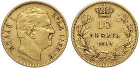 Serbia, Milan Obrenovich IV (1868-1889), 10 Dinara 1882-V, Vienna mint, Au 19 mm 3,22 g, BB