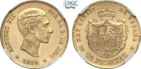 Spain, Alfonso XII (1874-1885), 25 Pesetas 1876 (76), Au 24 mm 8,06 g, di eccezionale qualità con fondi speculari (prooflike), in Slab NGC MS65+ PL To...