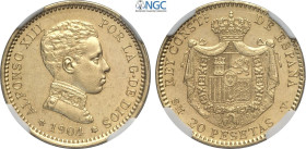 Spain, Alfonso XIII (1886-1931), 20 Pesetas 1904 (04), mintage: 3815, Rare Au 21 mm 6,45 g, di qualità inusuale per questa emissione, in Slab NGC MS61...