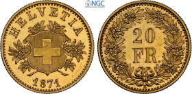 Switzerland, Federal State (1848-), Gold Pattern 20 Francs 1871, RRRR Varesi-634 KM-Pn17 HMZ-1225, Au 21 mm 6,45 g. In Slab NGC PF63 Cameo