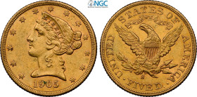 United States of America, Federal Republic (1776-), 5 Dollars 1905-S, San Francisco mint, Au 21,6 mm 8,35 g, in Slab NGC AU-cleaned