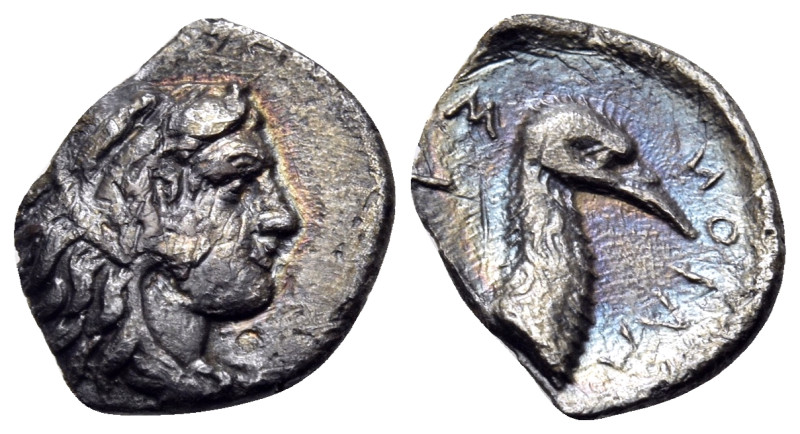 ARKADIA. Stymphalos. Circa 350-345 BC. Obol (Silver, 11 mm, 0.66 g, 6 h). Head o...