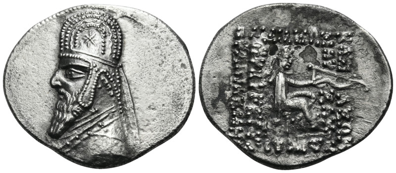 KINGS OF PARTHIA. Gotarzes I, 91-87 BC. Drachm (Silver, 21 mm, 3.94 g, 12 h), Rh...