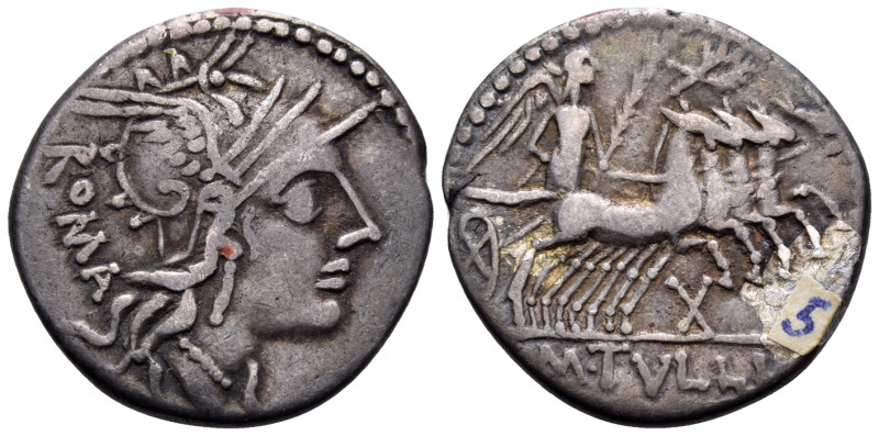 M. Tullius, 119 BC. Denarius (Silver, 20 mm, 3.82 g, 1 h), Rome. ROMA Helmeted h...