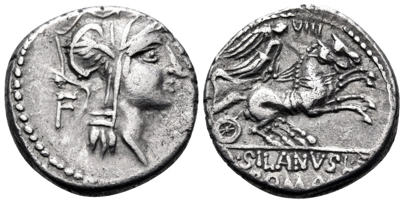 D. Junius Silanus, 91 BC. Denarius (Silver, 18 mm, 3.86 g, 2 h), Rome. Helmeted ...