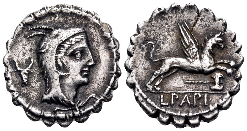 L. Papius, 79 BC. Denarius Serratus (Silver, 19 mm, 3.80 g, 6 h), Rome. Head of ...