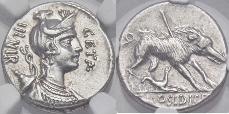 C. Hosidius C.f. Geta, 64 BC. Denarius (Silver), Rome. III·VIR GETA Diademed and...