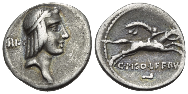 C. Piso L.f. Frugi, 61 BC. Denarius (Silver, 17 mm, 3.59 g, 6 h), Rome. Head of ...