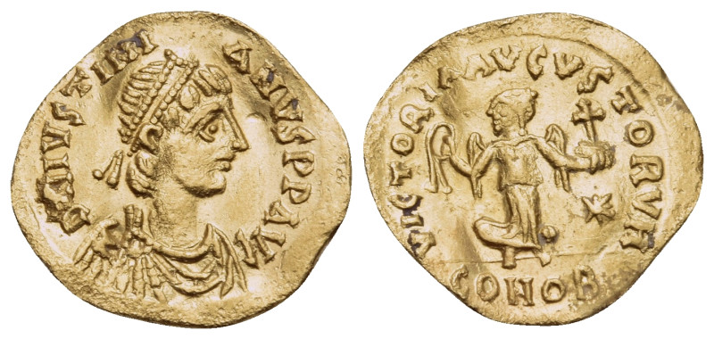 Justinian I, 527-565. Tremissis (Gold, 15 mm, 1.29 g, 6 h), Constantinople. D N ...