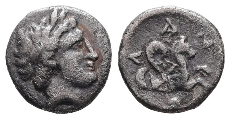 Mysia, Lampsakos. AR Diobol, 1.08 g 10.88 mm. 4th-3rd century BC.
Obv: Laureate ...