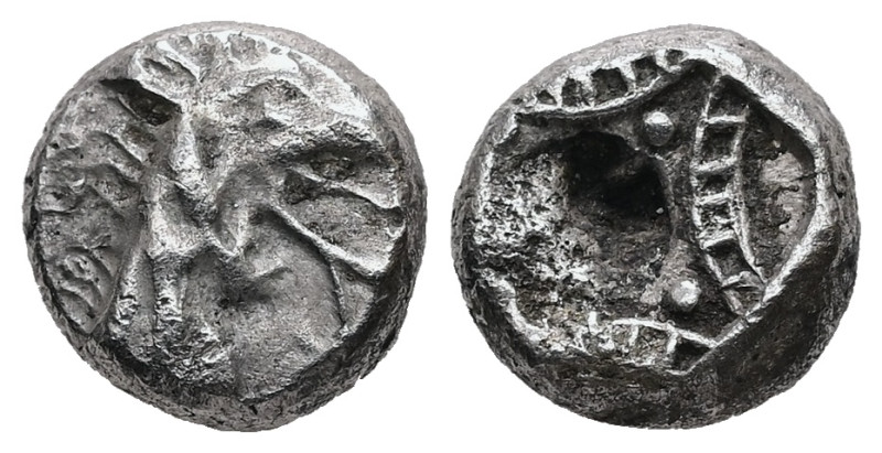 Caria, Kindya. AR Tetrobol, 1.90 g 10.31 mm. Circa 510-480 BC.
Obv: Head of keto...