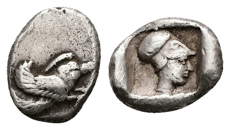 Caria, Ialysos, AR Diobol, 1.37 g 12.14 mm. Circa 480-408 BC.
Obv: Forepart of w...