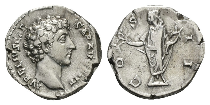 Marcus Aurelius as Caesar, AD 139-161. AR, Denarius. 3.46 g. 17.83 mm. Rome.
Obv...