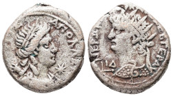 Egypt, Alexandria. Nero, LΙΔ = year 14 (AD 67/8) BL, Tetradrachm. 12.71 g. 25.52 mm.
Obv: [ΑΚΤΙΟΣ] ΑΠΟΛΛΩ[Ν]. Laureate bust of Actian Apollo with quiv...
