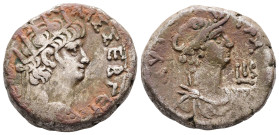 Egypt, Alexandria. Nero, AD 65/6. BL, Tetradrachm. 13.87 g. 23.64 mm.
Obv: [ΝΕΡΩ ΚΛΑΥ] ΚΑΙΣ ΣΕΒ ΓΕΡ. Radiate bust of Nero with aegis, right.
Rev: ΑΥΤΟ...