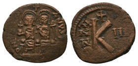 Justin II and Sophia, AD 565-578. AE, Half Follis. 7.40 g. 25.33 mm. Uncertain mint.