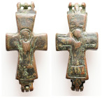 AE Middle Byzantine reliquary cross (AD 10th–11th centuries)
Bronze reliquary cross; hinged at top and bottom; on one side a representation of Christ ...