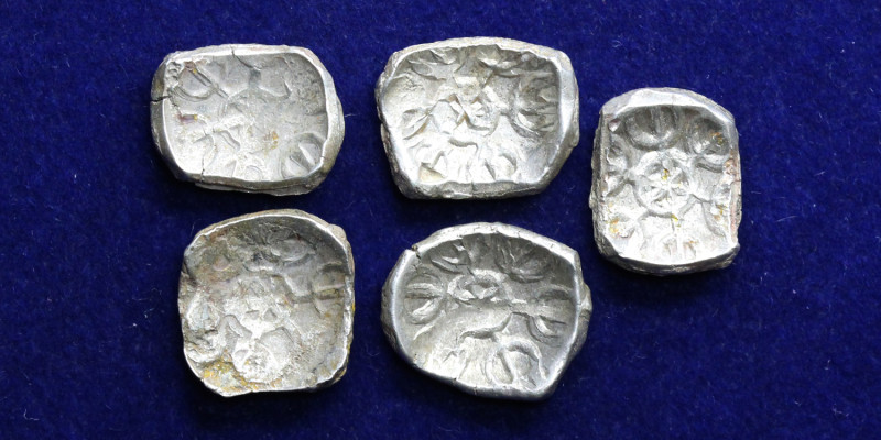 Lots of Magadhan silver punch-marked karshapana coins (5), 3rd century BC.