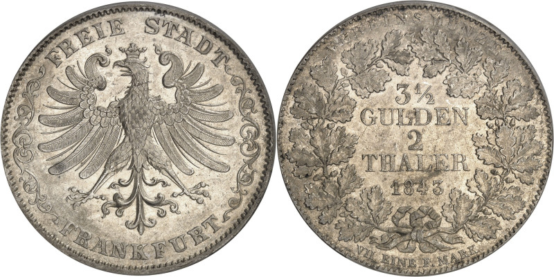 ALLEMAGNE - GERMANY
Francfort (ville libre de). 2 thalers ou 3 1/2 florins 1843,...