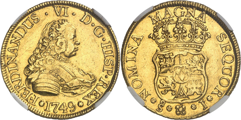 CHILI - CHILE
Ferdinand VI (1746-1759). 4 escudos 1749 J, S°, Santiago.
Av. FERD...