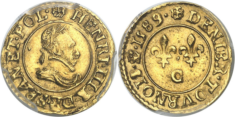 FRANCE / CAPÉTIENS - FRANCE / ROYAL
Henri III (1574-1589). Épreuve en Or du deni...