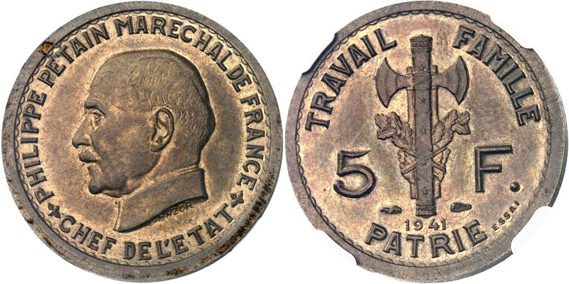 FRANCE - FRANCE
État Français (1940-1944). Essai-piéfort de 5 francs Pétain, 2e ...