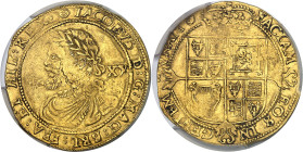 GRANDE-BRETAGNE - UNITED KINGDOM
Jacques Ier (1603-1625). Laurel de 20 shillings, 3e monnayage, 3e tête ND (1620-1621), Londres.
Av. (différent) IACOB...