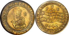 GRANDE-BRETAGNE - UNITED KINGDOM
Charles Ier (1625-1649). Triple unité 1642, Oxford.
Av. (lis) CAROLVS: D: G: MAGN: BRIT: FR: ET: HIB: REX. Buste à mi...