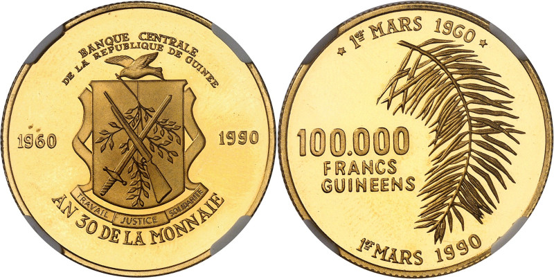 GUINÉE - GUINEA
République de Guinée (depuis 1958). 100.000 francs Or, Flan brun...