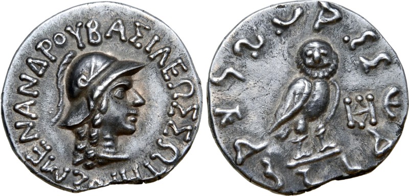 Indo-Greek Kingdom, Menander I Soter AR Drachm. Circa 155-130 BC. Helmeted and d...