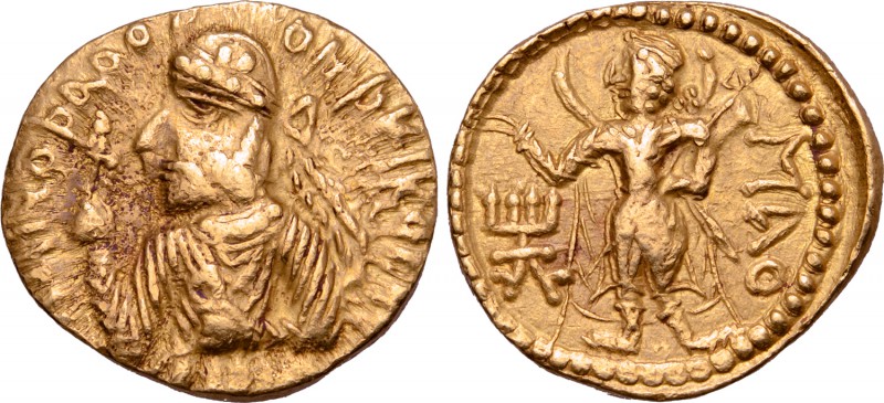 Kushan Empire, Huvishka AV Dinar. Circa AD 152-192. Mint A, 1st emission. Diadem...