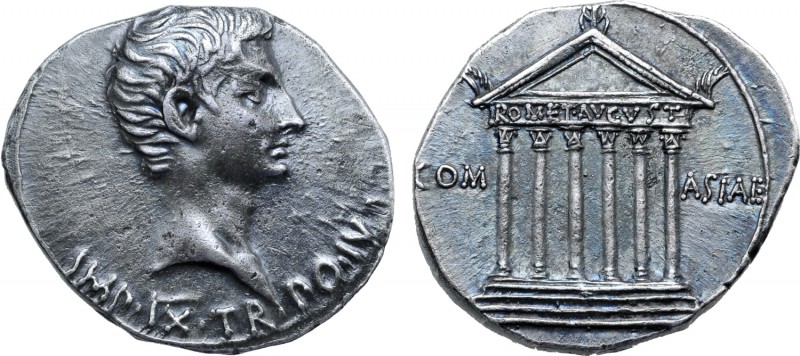 Augustus AR Cistophorus. Pergamum, circa 19-18 BC. IMP•IX•TR•PO•V, bare head rig...