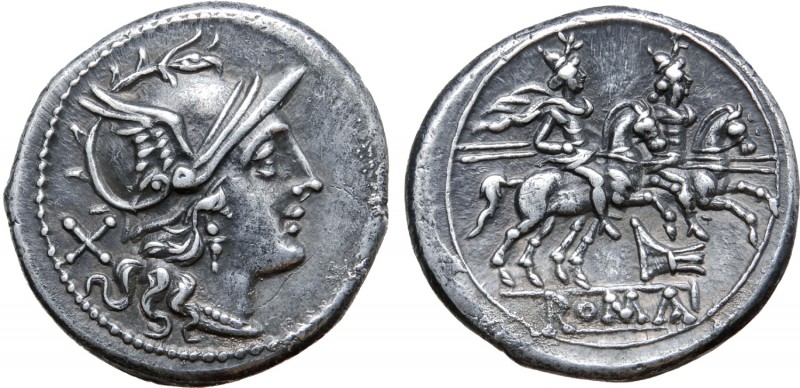 Rostrum Tridens series AR Denarius. Rome, 206-195 BC. Helmeted head of Roma; X b...