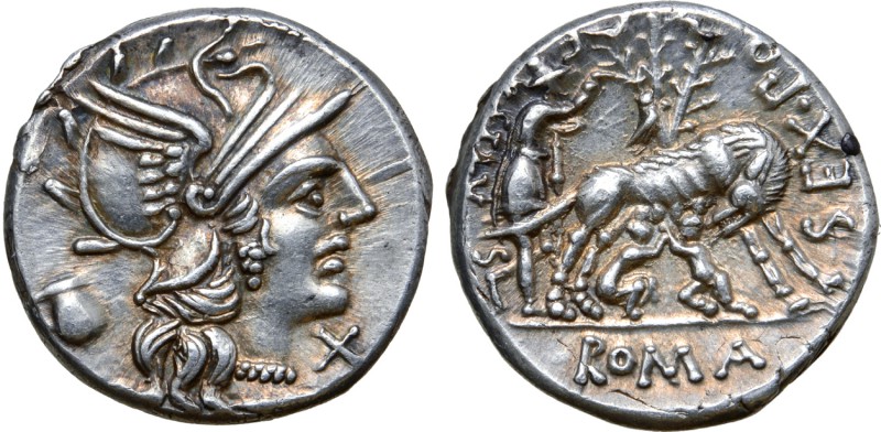 Sex. Pompeius Fostlus AR Denarius. Rome, 137 BC. Helmeted head of Roma to right;...