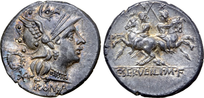 C. Servilius M. f. AR Denarius. Rome, 136 BC. Helmeted head of Roma right; wreat...