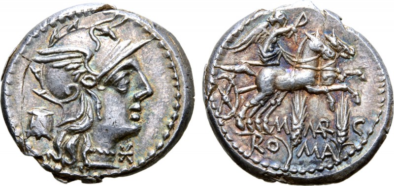 M. Marcius Mn. f. AR Denarius. Rome, 134 BC. Helmeted head of Roma right; modius...