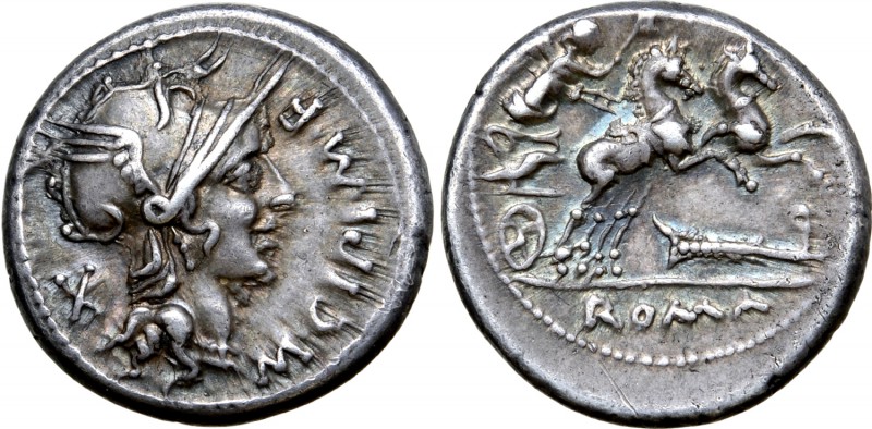 M. Cipius AR Denarius. Rome, 115-114 BC. Helmeted head of Roma right; M•CIPI•M•F...